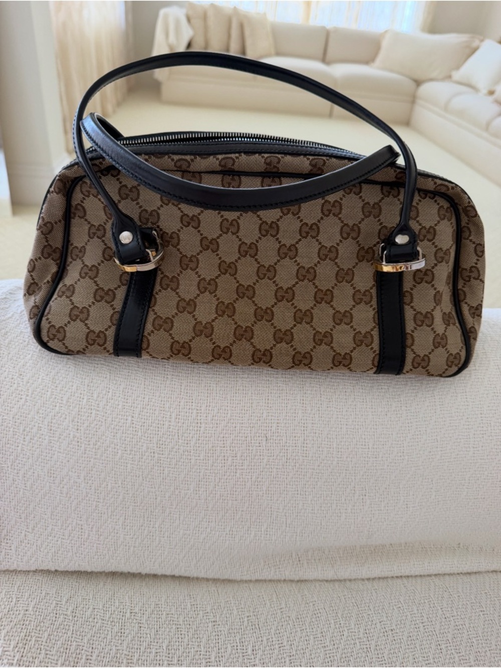 Gucci Beige GG Canvas Shoulder Bag with Black Trim